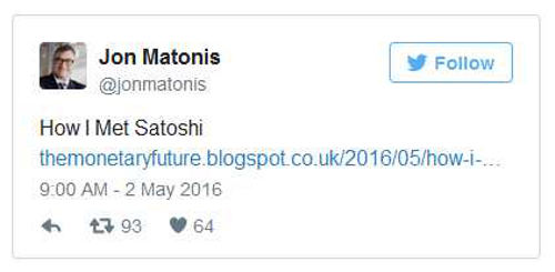 Tweet de Jon Matonis sobre Craig Wright como creador de Bitcoin