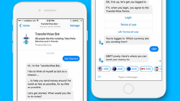 transferencias internacionales a través de Facebook Messenger con un chatbot de Transferwise