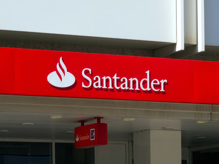 Dusseldorf, Germany - May 14, 2011: Logo at branch of Santander bank. Banco Santander is the largest bank in the Eurozone and one of the largest banks in the world in terms of market capitalisation. It originated in Santander, Spain and is still headquartered there today.